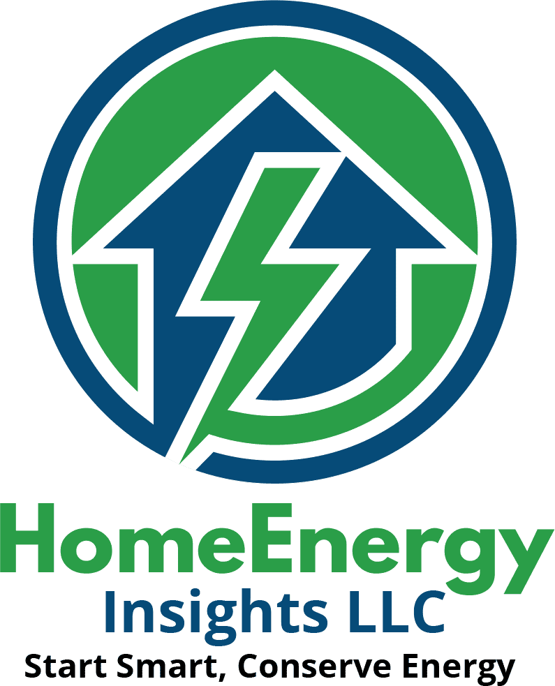 Logo for HomeEnergy Insights LLC featuring a house with a lightning bolt inside a green and blue circle. Text below reads "Start Smart, Conserve Energy.